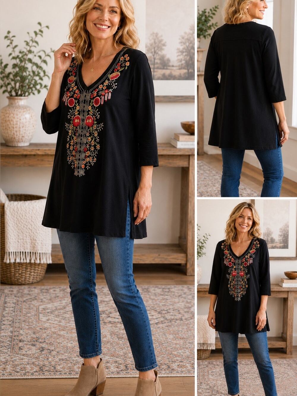 CAITE Black Embroidered Boho Tunic Top Floral V-Neck 3/4 Sleeve Size Medium
